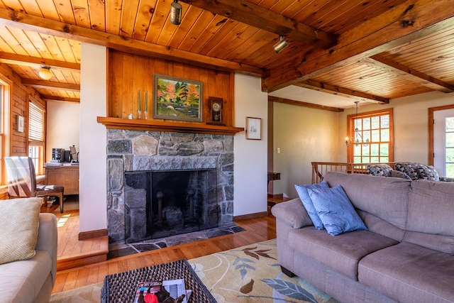 living room featuring wooden ceiling, wood-type flooring, and beam ceiling