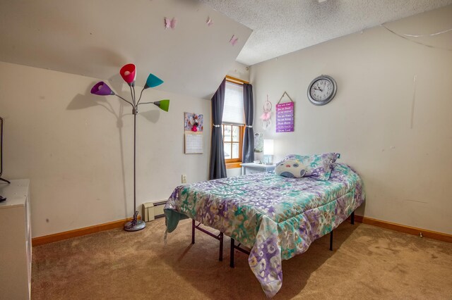 carpeted bedroom with a baseboard heating unit, a textured ceiling, and lofted ceiling