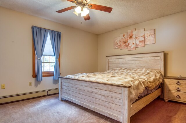 bedroom with baseboard heating, dark carpet, ceiling fan, and a textured ceiling