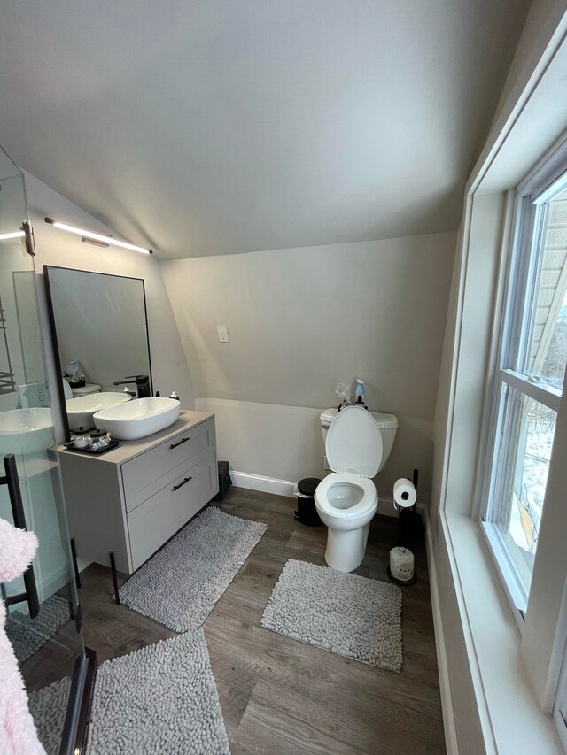 bathroom featuring vaulted ceiling, hardwood / wood-style floors, toilet, and large vanity