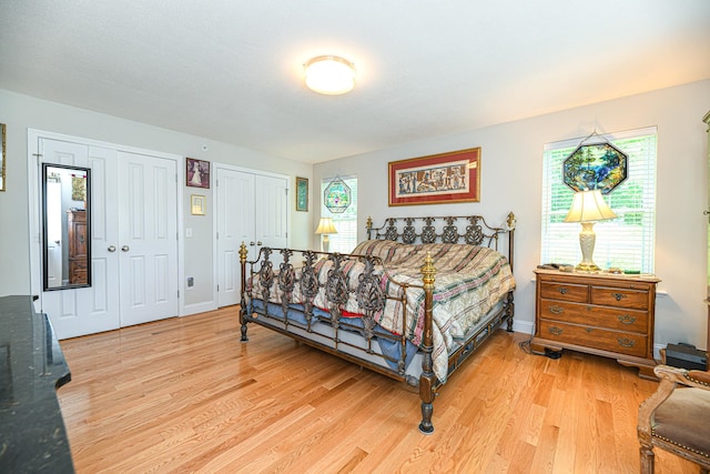 bedroom with multiple windows, hardwood / wood-style floors, and two closets