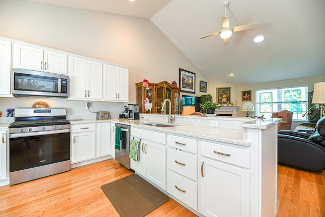 kitchen with kitchen peninsula, stainless steel appliances, light hardwood / wood-style floors, and sink