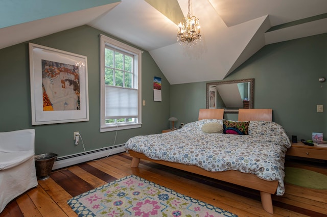 bedroom with a chandelier, vaulted ceiling, wood-type flooring, and a baseboard radiator