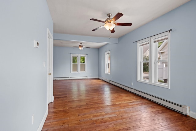 unfurnished room featuring french doors, light hardwood / wood-style floors, a baseboard radiator, and ceiling fan