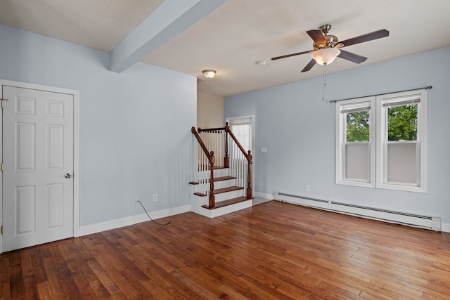 spare room with beamed ceiling, ceiling fan, light wood-type flooring, and a baseboard heating unit