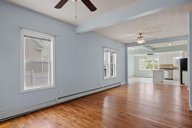 unfurnished living room with beam ceiling, a textured ceiling, light hardwood / wood-style flooring, and a baseboard heating unit