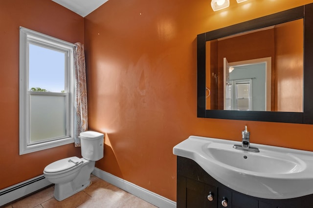 bathroom featuring tile patterned flooring, vanity, toilet, and a baseboard radiator