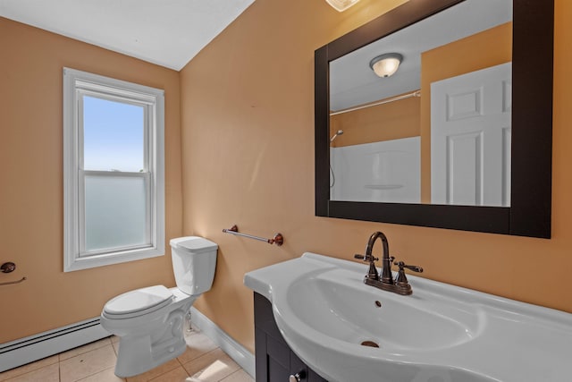 bathroom featuring sink, walk in shower, tile patterned flooring, a baseboard heating unit, and toilet