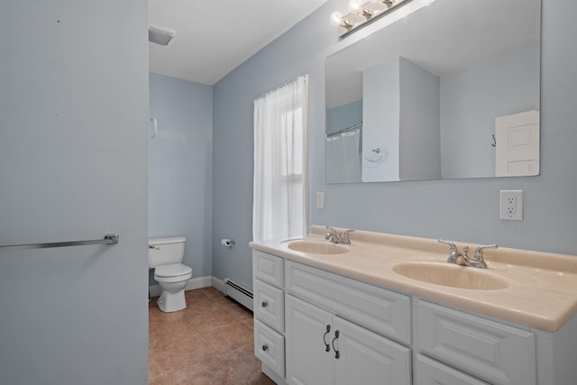 bathroom with tile patterned flooring, vanity, a baseboard radiator, and toilet