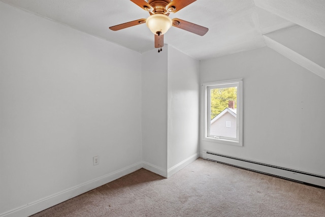 additional living space featuring ceiling fan, lofted ceiling, light carpet, and a baseboard radiator