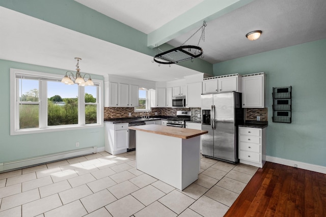 kitchen with backsplash, white cabinetry, butcher block countertops, and appliances with stainless steel finishes