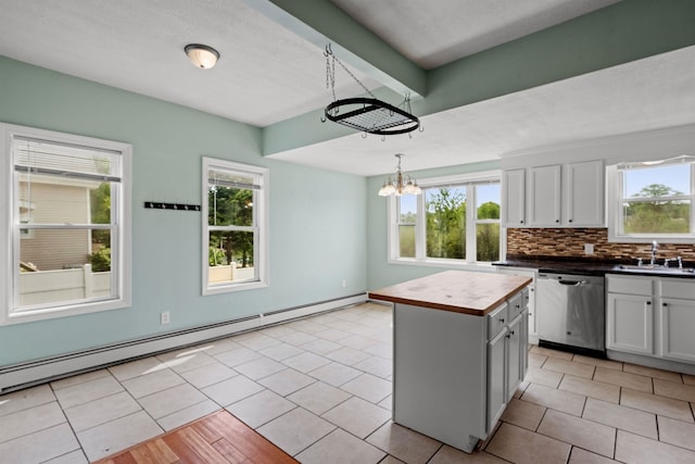 kitchen featuring white cabinets, sink, decorative light fixtures, dishwasher, and a center island