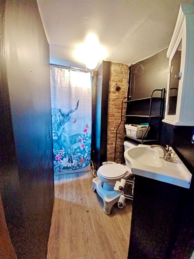 bathroom with hardwood / wood-style flooring, vanity, toilet, and a shower with curtain