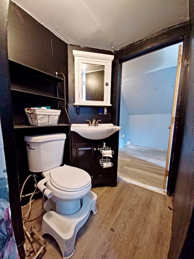 bathroom with vanity, wood-type flooring, vaulted ceiling, and toilet