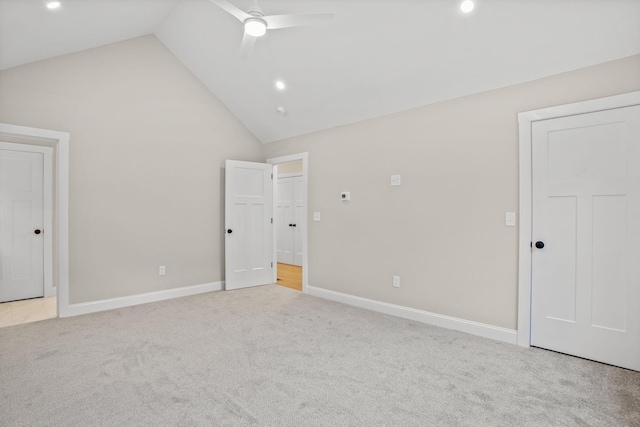 unfurnished bedroom with ceiling fan, baseboards, carpet flooring, recessed lighting, and high vaulted ceiling