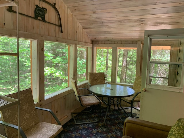 sunroom featuring wood ceiling