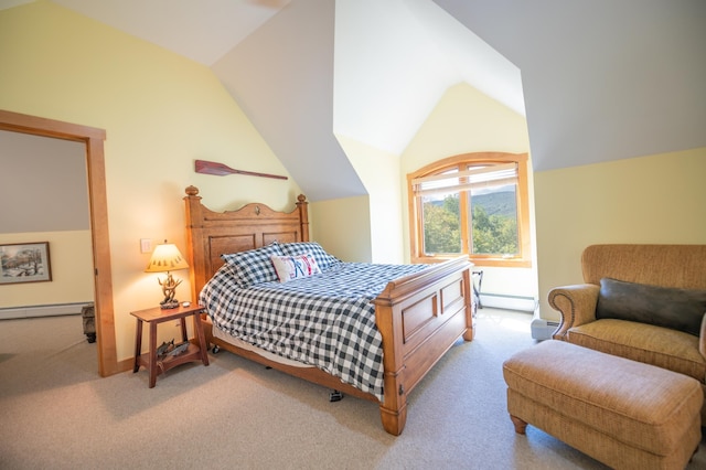 carpeted bedroom featuring baseboard heating and lofted ceiling