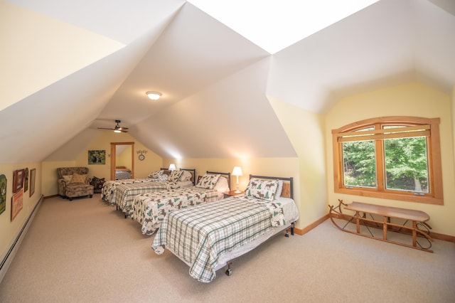 carpeted bedroom with a baseboard radiator and vaulted ceiling