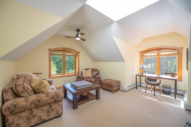 living room featuring carpet, ceiling fan, and lofted ceiling