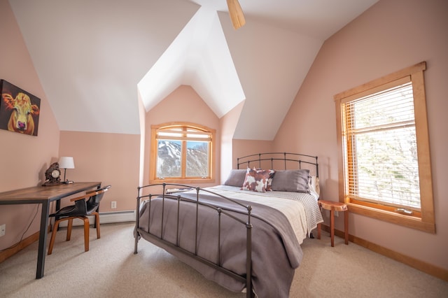 bedroom featuring light colored carpet and lofted ceiling