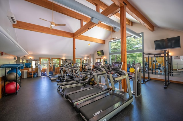 gym with a wall mounted air conditioner, high vaulted ceiling, and ceiling fan