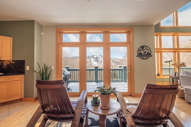 dining area featuring a mountain view and light wood-type flooring