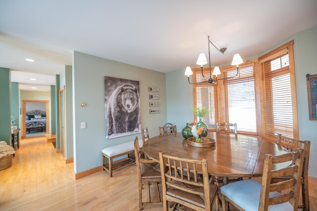 dining space with a notable chandelier, a healthy amount of sunlight, and light wood-type flooring