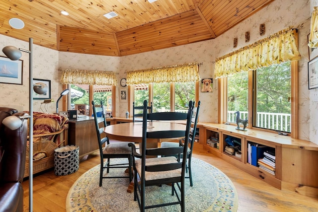 dining area with wallpapered walls, visible vents, wood ceiling, and light wood-style floors