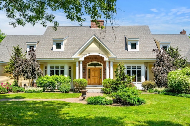 cape cod-style house with brick siding, a front yard, a chimney, and a shingled roof