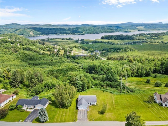 bird's eye view with a water and mountain view