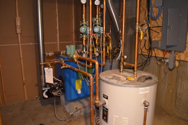 utility room with electric panel and water heater