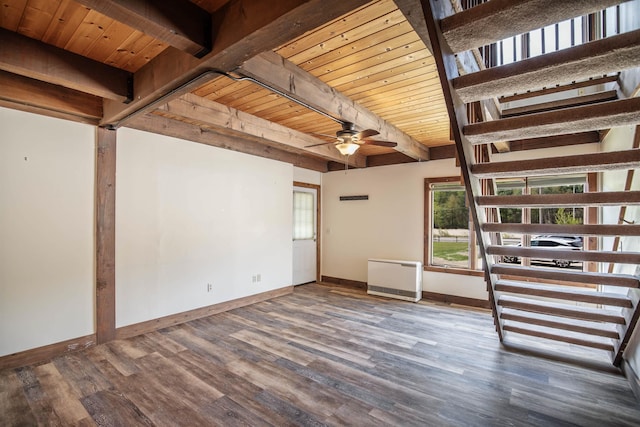 unfurnished room featuring beamed ceiling, dark hardwood / wood-style floors, ceiling fan, and wood ceiling