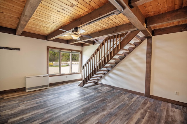 unfurnished living room with dark hardwood / wood-style floors, beam ceiling, wood ceiling, and heating unit