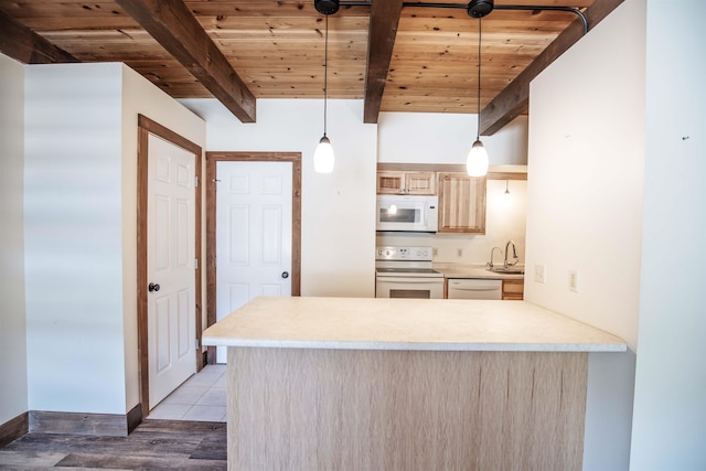 kitchen with pendant lighting, light brown cabinets, white appliances, and wood ceiling