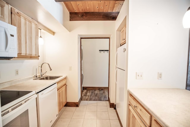 kitchen with wood ceiling, white appliances, sink, light brown cabinets, and hanging light fixtures