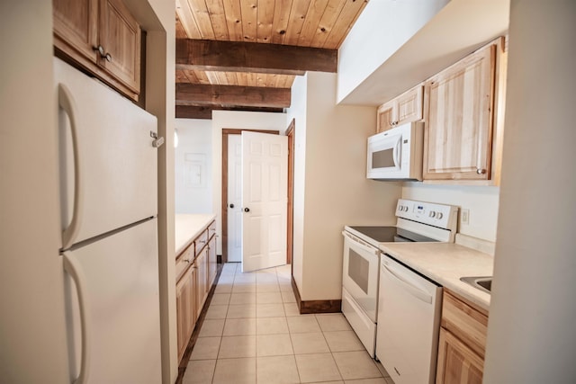 kitchen featuring light brown cabinetry, wood ceiling, white appliances, beam ceiling, and light tile patterned floors