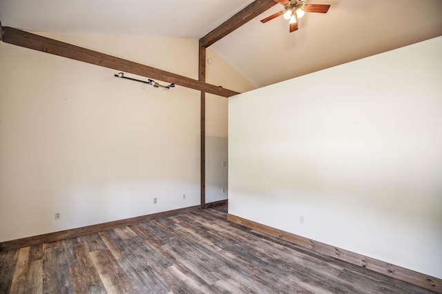 spare room with ceiling fan, dark hardwood / wood-style flooring, and lofted ceiling with beams