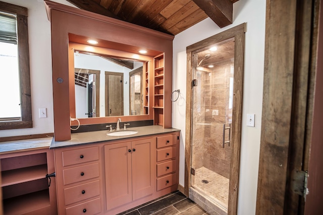 bathroom featuring vanity, an enclosed shower, wooden ceiling, and plenty of natural light