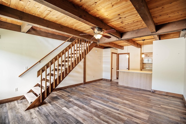 unfurnished living room with beam ceiling, dark hardwood / wood-style flooring, ceiling fan, and wood ceiling