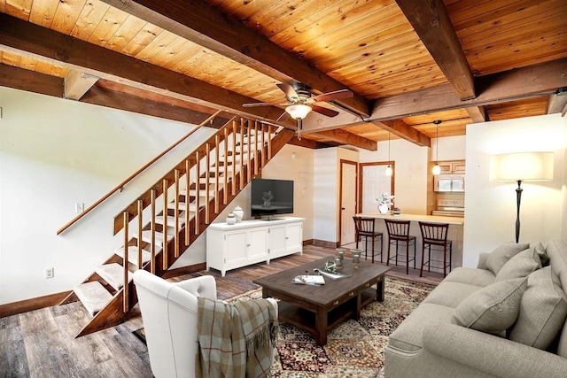 living room featuring beamed ceiling, dark hardwood / wood-style floors, ceiling fan, and wooden ceiling