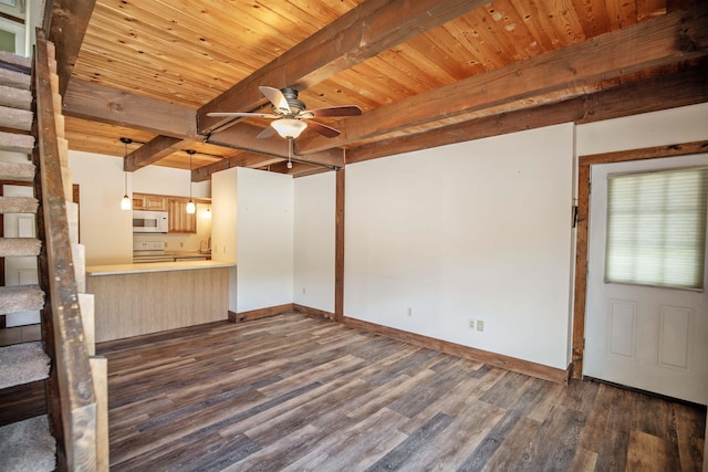 unfurnished living room featuring ceiling fan, beam ceiling, wooden ceiling, and dark hardwood / wood-style floors