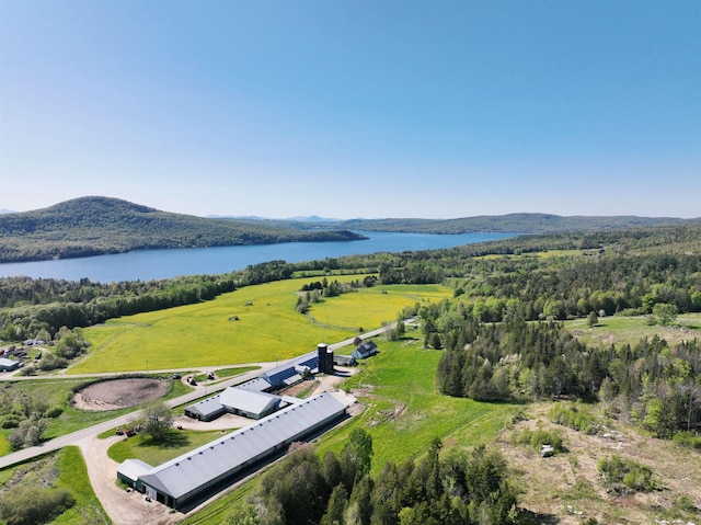 drone / aerial view featuring a water and mountain view