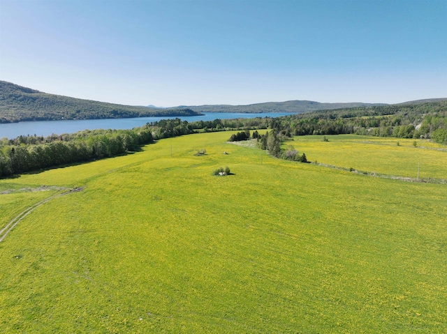 drone / aerial view featuring a water and mountain view