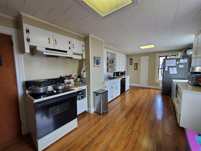 kitchen with white cabinetry, electric range, refrigerator, and black dishwasher