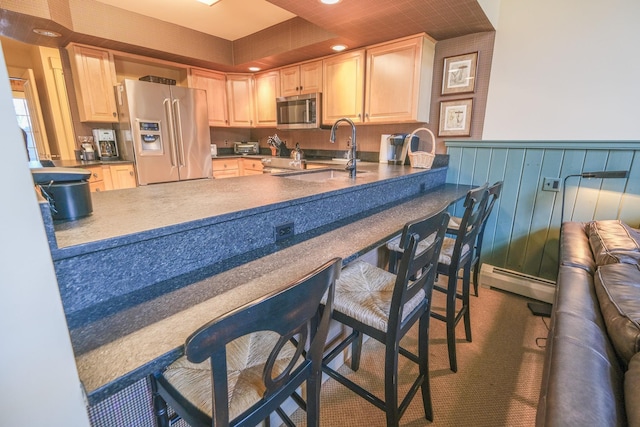 kitchen with light brown cabinetry, stainless steel appliances, a raised ceiling, baseboard heating, and sink