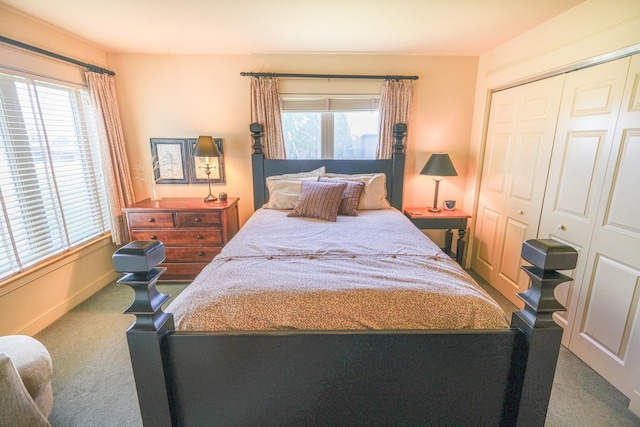 bedroom with carpet flooring, multiple windows, and a closet