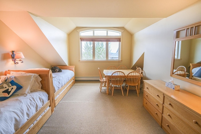 bedroom with light colored carpet, vaulted ceiling, and a baseboard heating unit