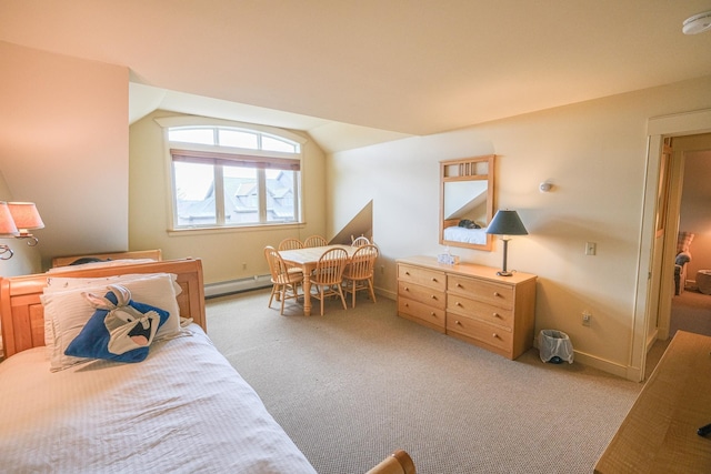 bedroom featuring light colored carpet, a baseboard radiator, and lofted ceiling