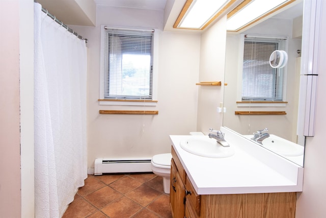 bathroom with tile patterned flooring, vanity, a baseboard heating unit, and toilet