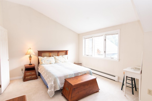 bedroom with lofted ceiling, a baseboard heating unit, and light colored carpet